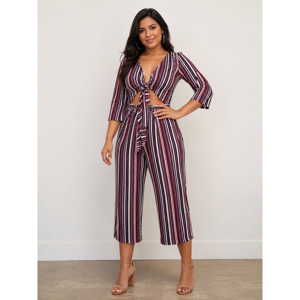 Striped Tie-Front Jumpsuit in Burgundy